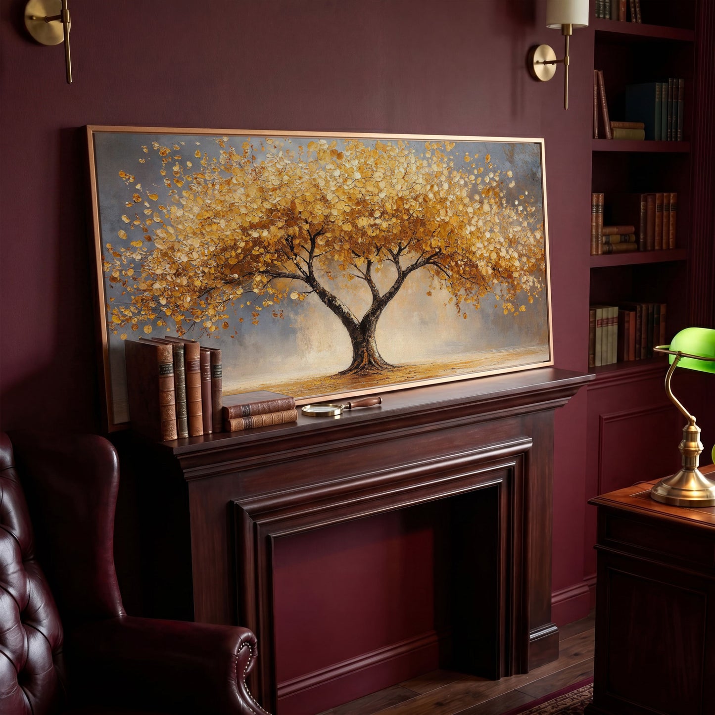 Autumn Tree Canvas Print with Rich Orange Foliage in antique gold floating frame