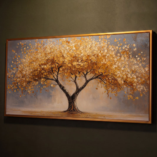 Autumn Tree Canvas Print with Rich Orange Foliage shown in antique gold floating frame