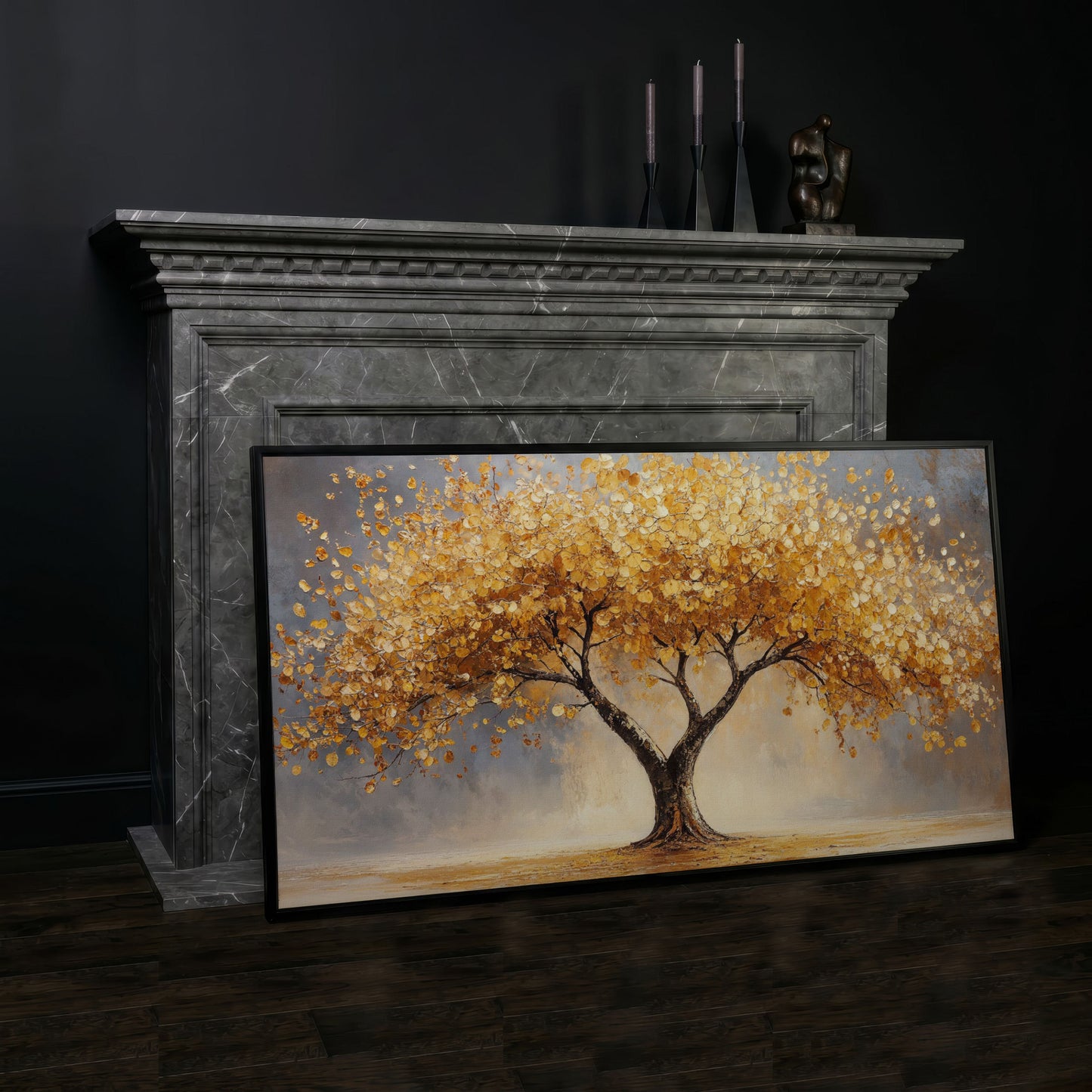 Autumn Tree Canvas Print with Rich Orange Foliage in black floating frame