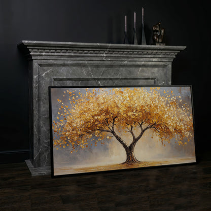 Autumn Tree Canvas Print with Rich Orange Foliage in black floating frame
