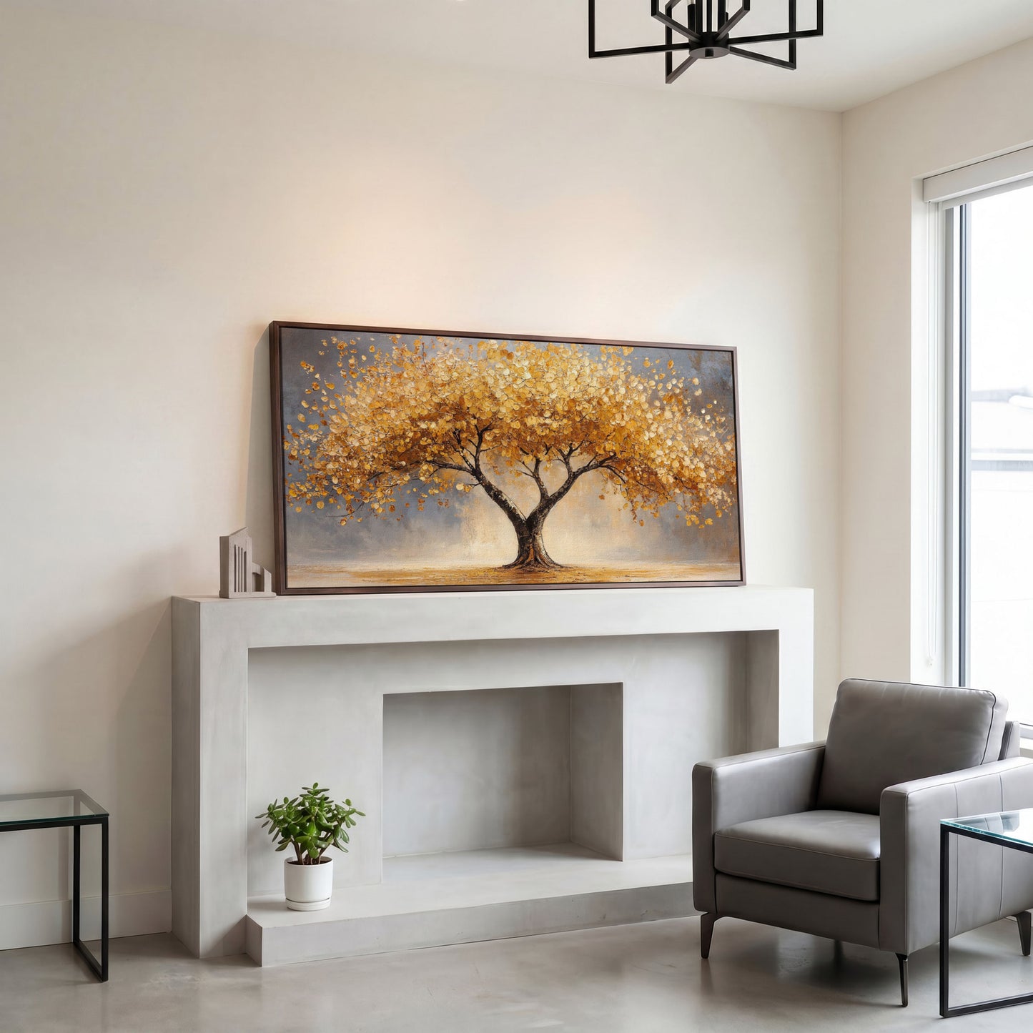 Autumn Tree Canvas Print with Rich Orange Foliage in dark walnut floating frame