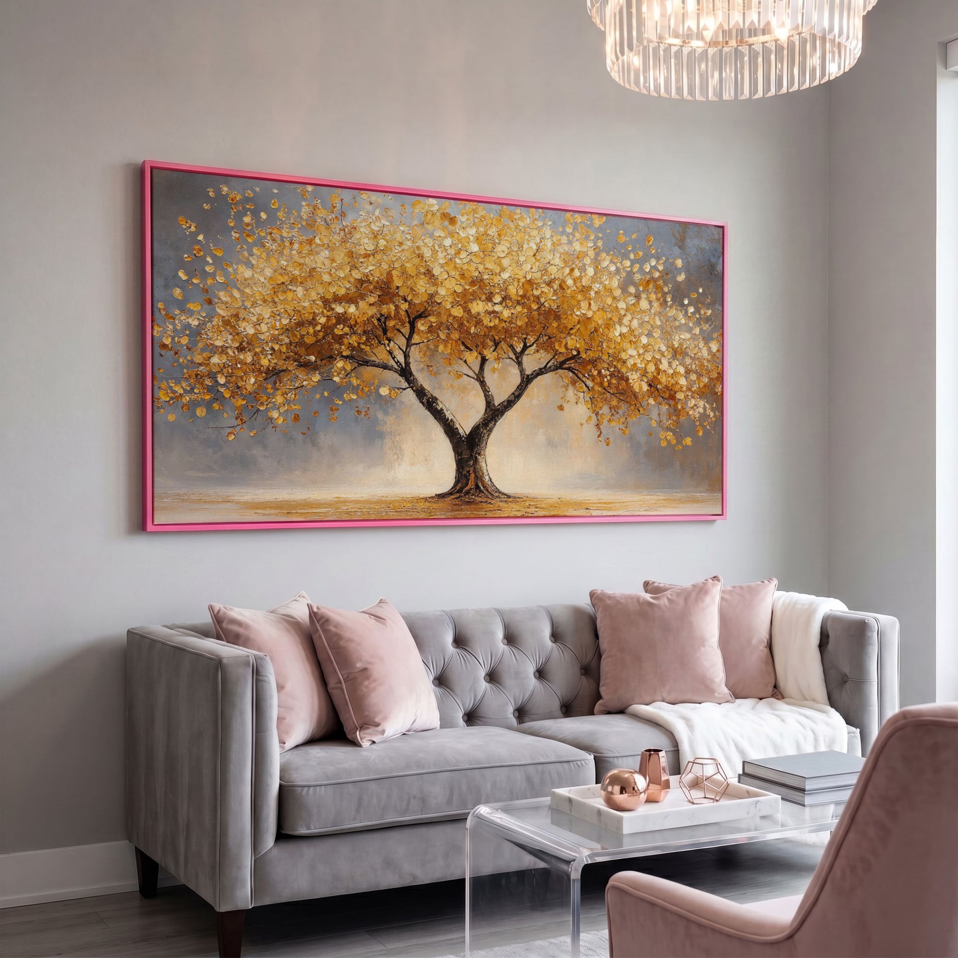 Autumn Tree Canvas Print with Rich Orange Foliage in pink floating frame