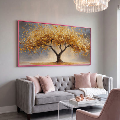 Autumn Tree Canvas Print with Rich Orange Foliage in pink floating frame