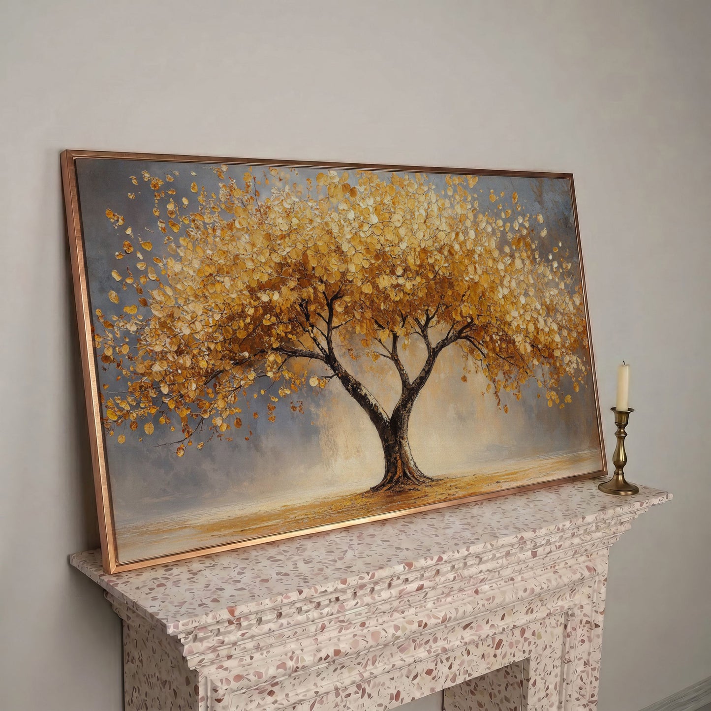 Autumn Tree Canvas Print with Rich Orange Foliage in rose gold floating frame