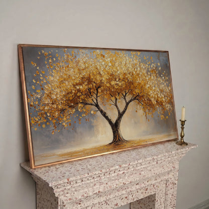 Autumn Tree Canvas Print with Rich Orange Foliage in rose gold floating frame