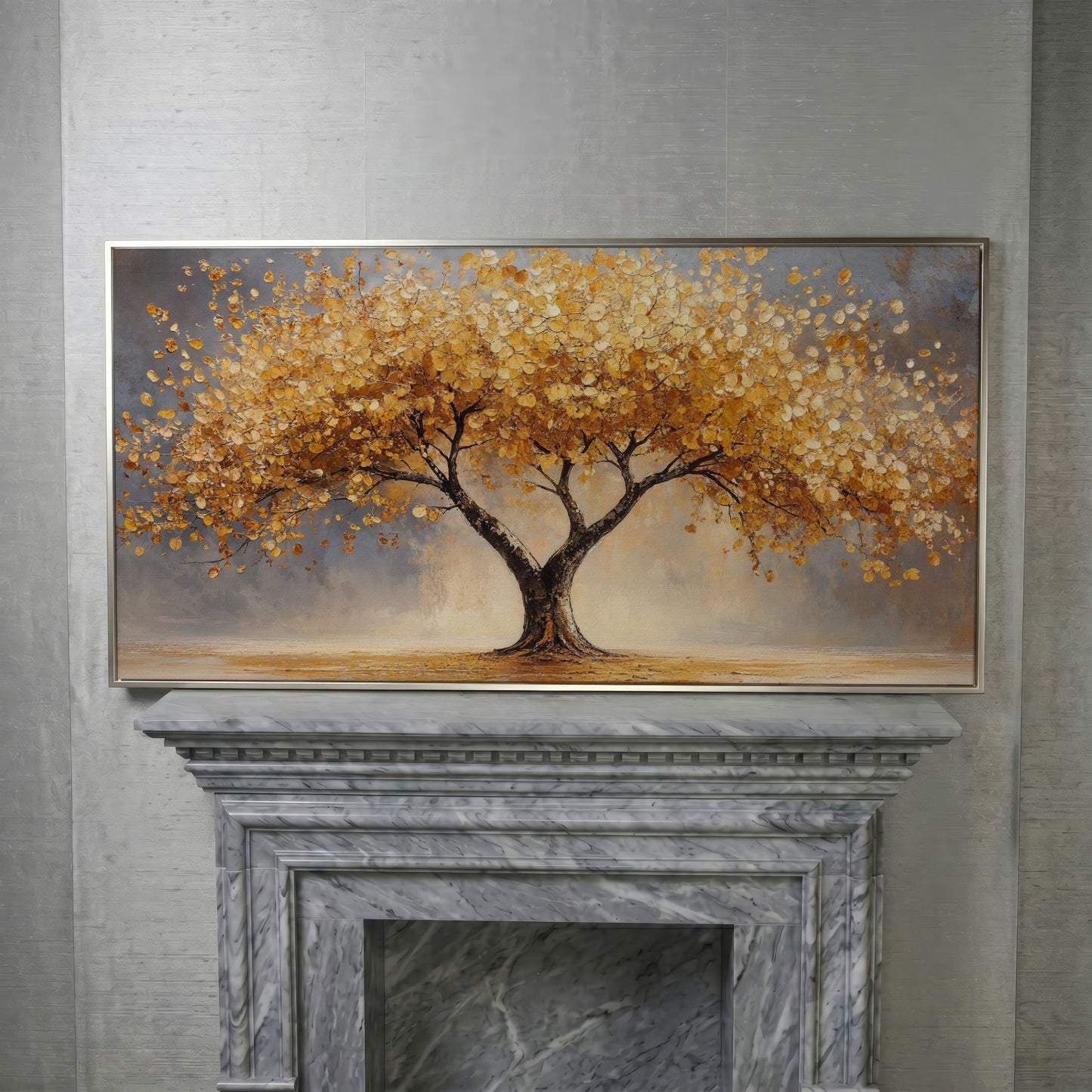 Autumn Tree Canvas Print with Rich Orange Foliage in silver floating frame