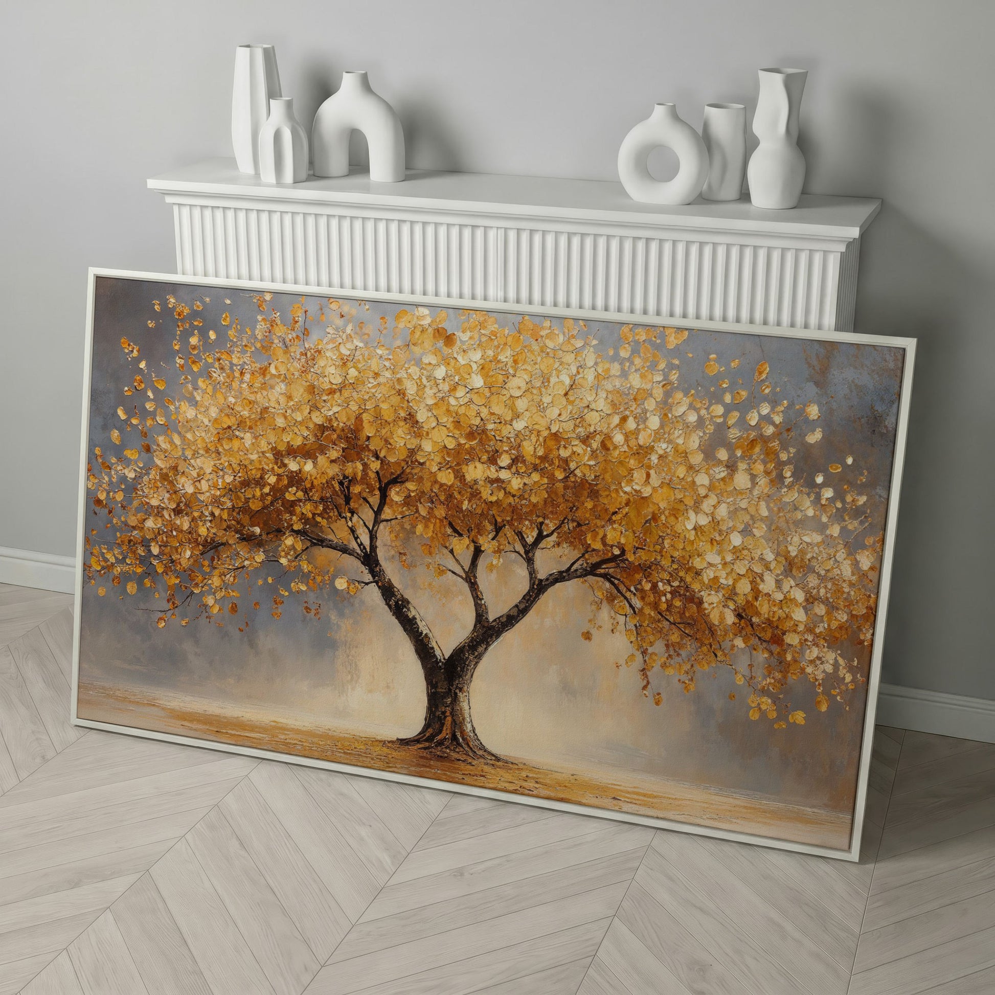 Autumn Tree Canvas Print with Rich Orange Foliage in white floating frame