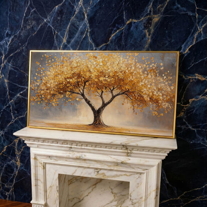 Autumn Tree Canvas Print with Rich Orange Foliage in yellow gold floating frame
