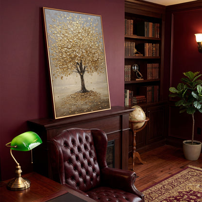 Golden Tree with Fall Leaves Canvas in antique gold floating frame