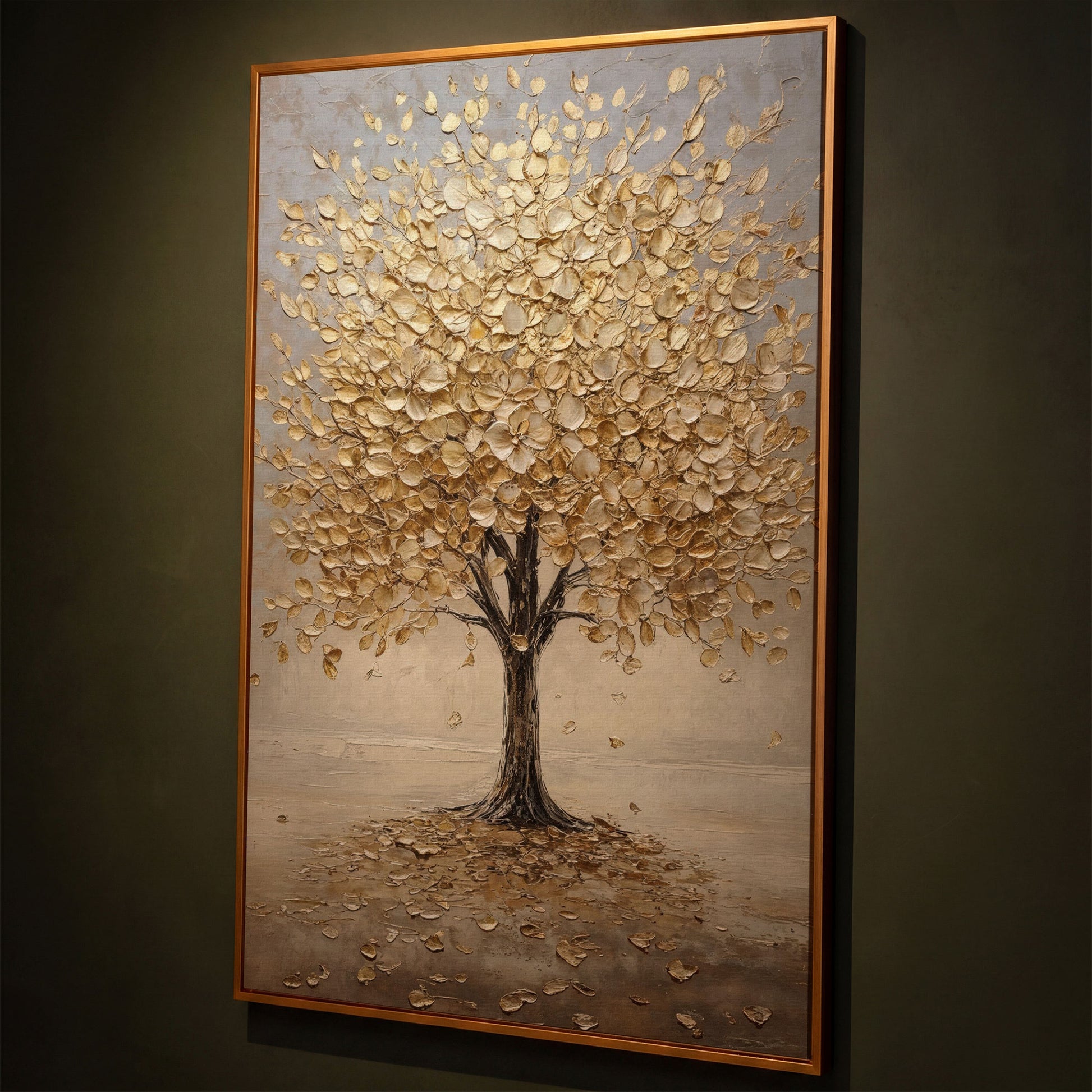 Golden Tree with Fall Leaves Canvas shown in antique gold floating frame