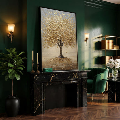 Golden Tree with Fall Leaves Canvas in black floating frame