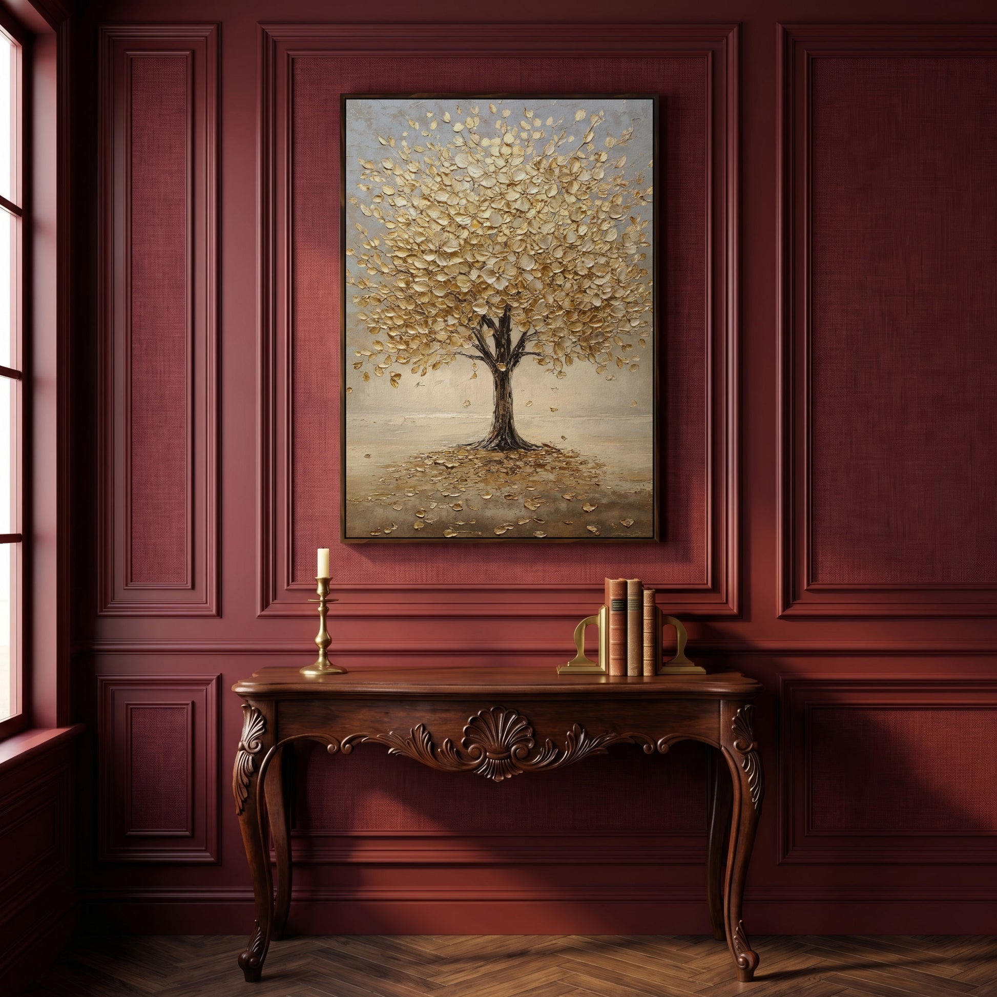 Golden Tree with Fall Leaves Canvas in dark walnut floating frame