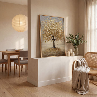 Golden Tree with Fall Leaves Canvas in white oak floating frame