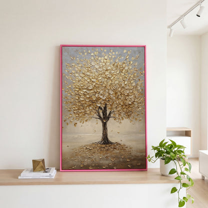 Golden Tree with Fall Leaves Canvas in pink floating frame