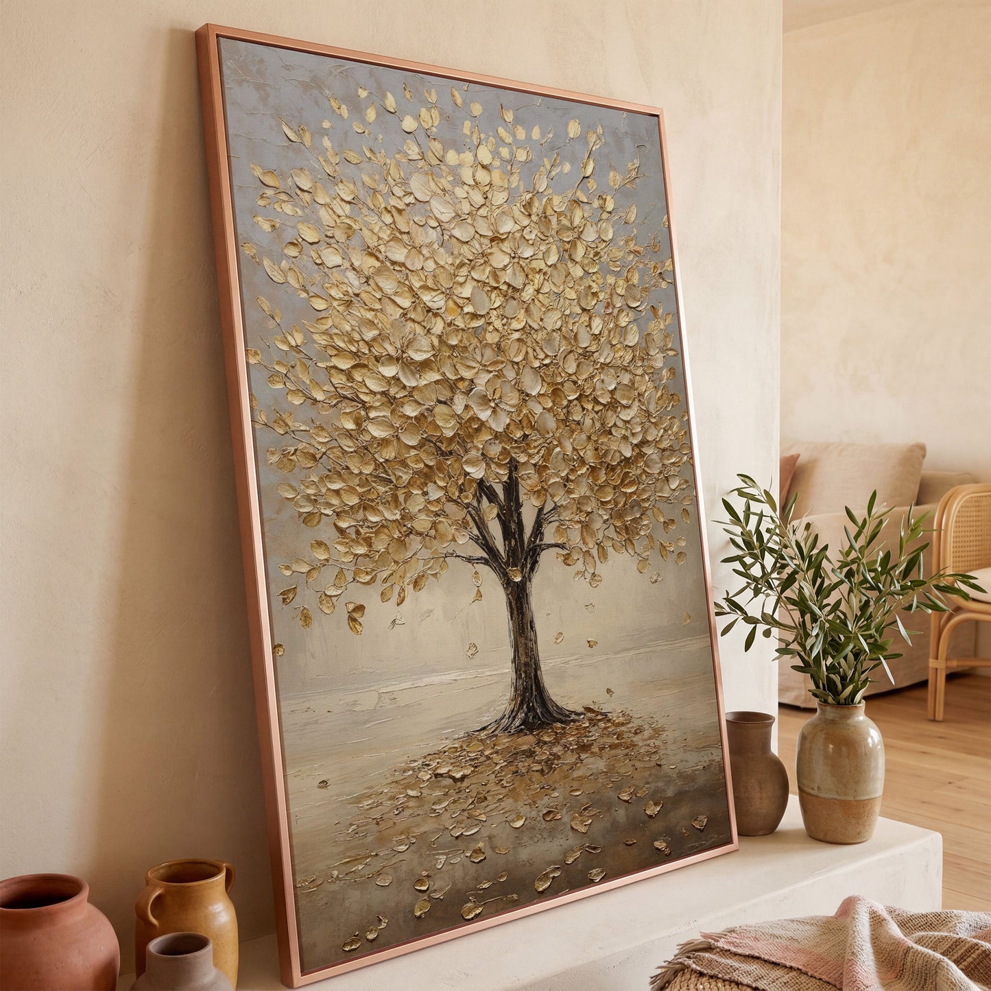 Golden Tree with Fall Leaves Canvas in rose gold floating frame