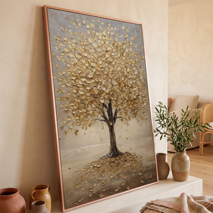 Golden Tree with Fall Leaves Canvas in rose gold floating frame