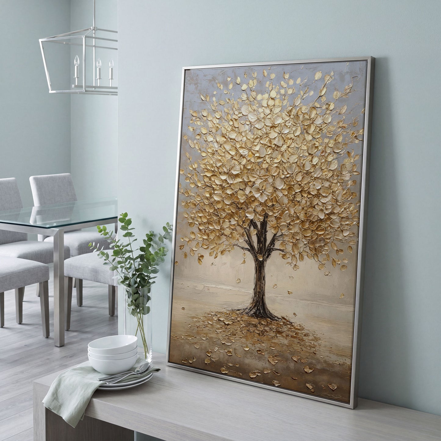 Golden Tree with Fall Leaves Canvas in silver floating frame