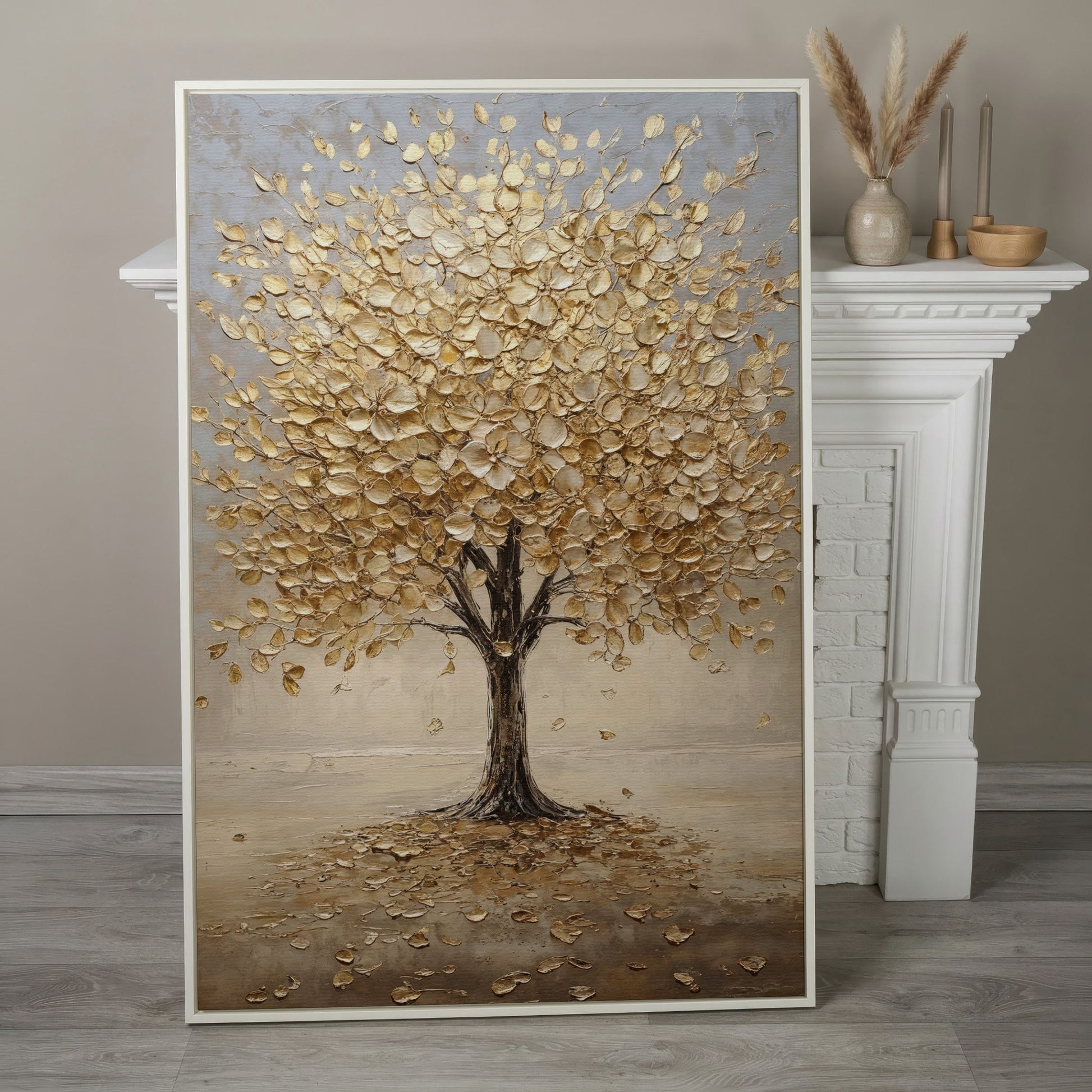 Golden Tree with Fall Leaves Canvas in white floating frame