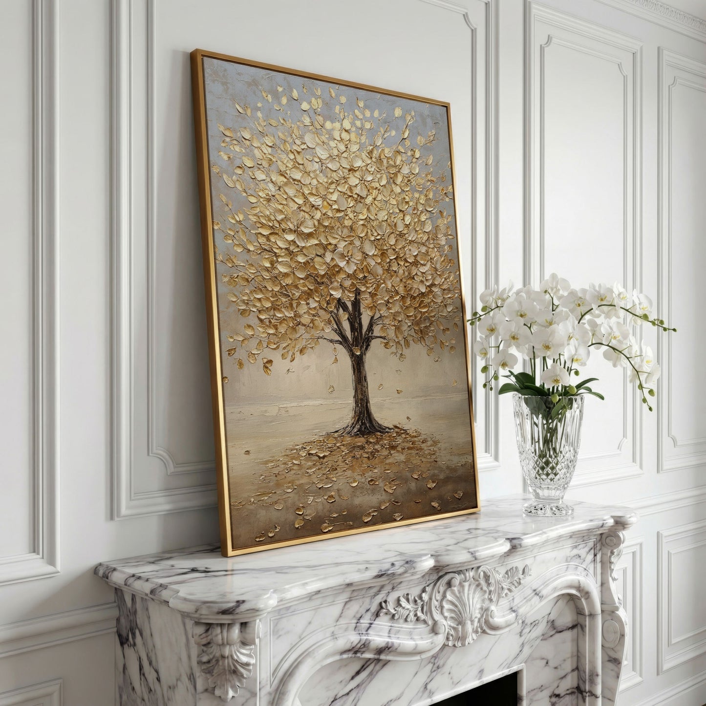 Golden Tree with Fall Leaves Canvas in yellow gold floating frame