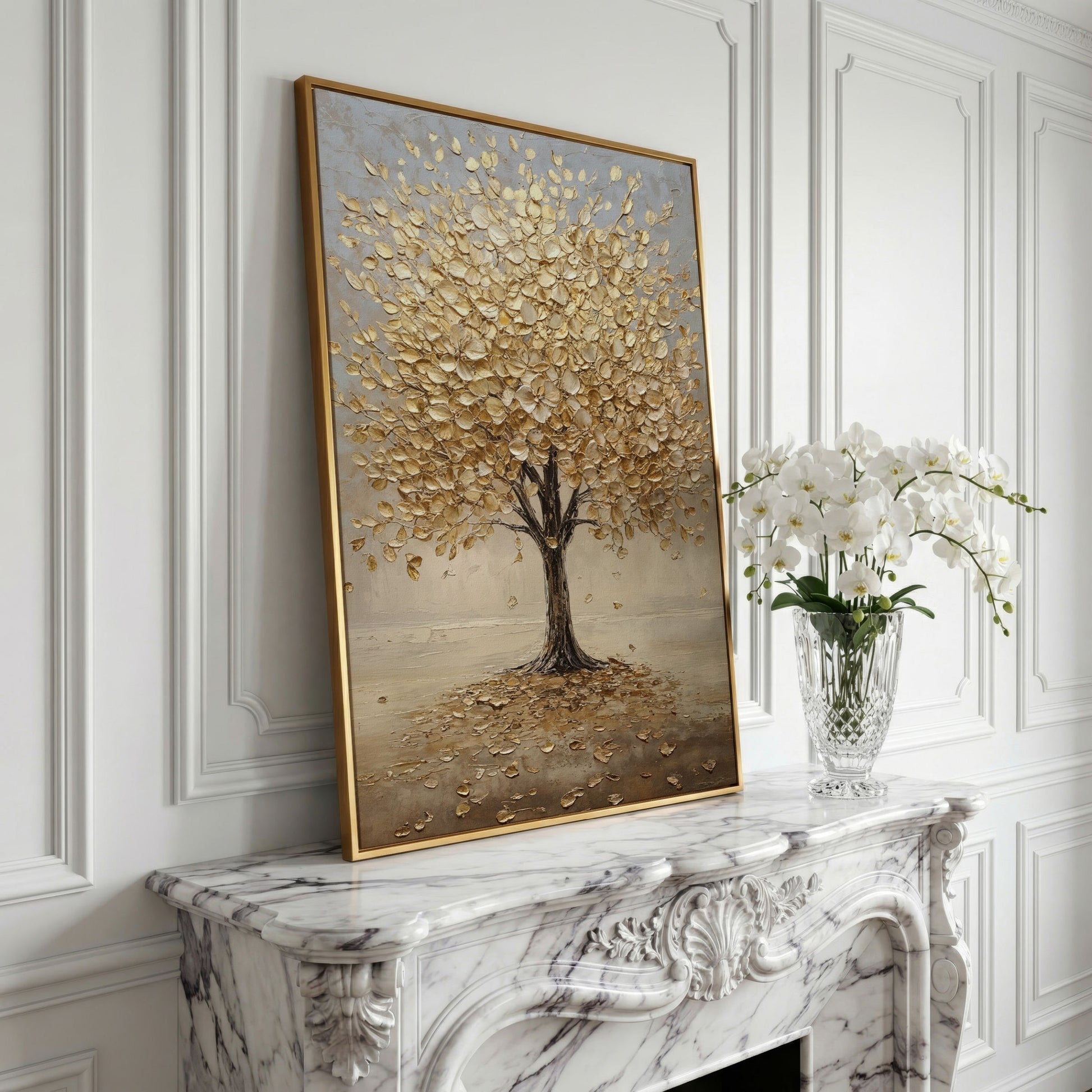 Golden Tree with Fall Leaves Canvas in yellow gold floating frame