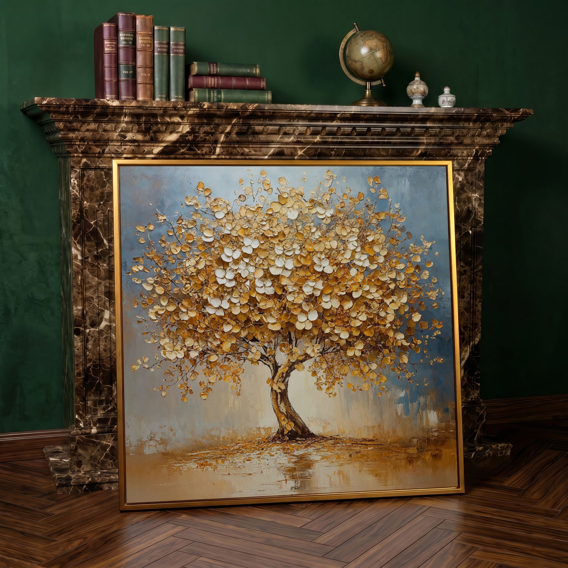 Abstract Tree with White Blossoms Canvas in antique gold floating frame