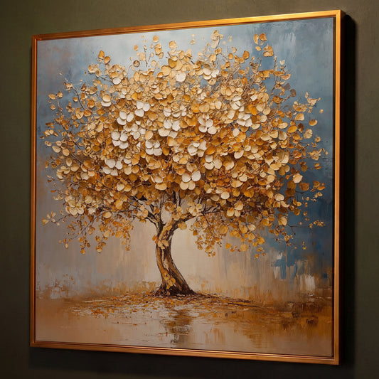Abstract Tree with White Blossoms Canvas shown in antique gold floating frame