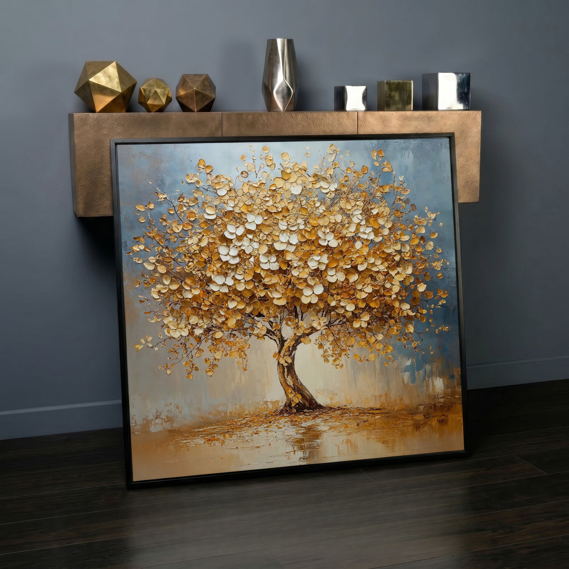 Abstract Tree with White Blossoms Canvas in black floating frame