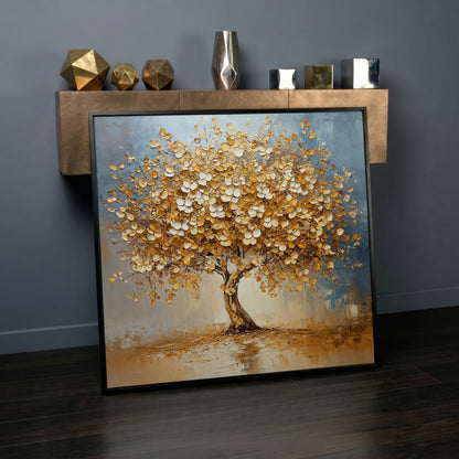 Abstract Tree with White Blossoms Canvas in black floating frame