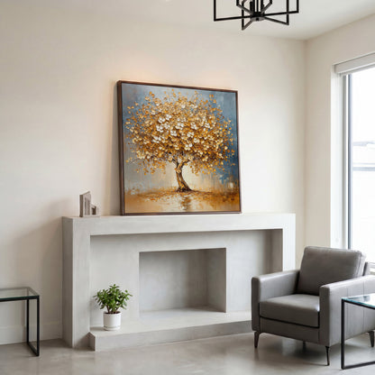 Abstract Tree with White Blossoms Canvas in dark walnut floating frame