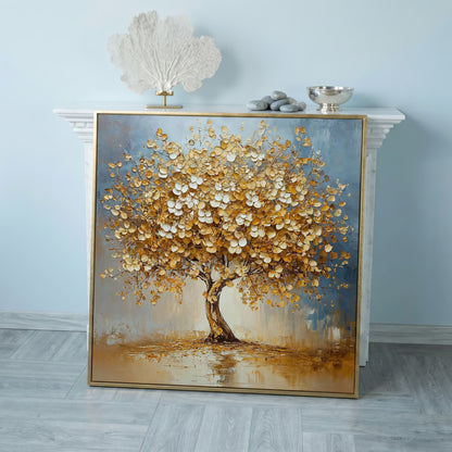 Abstract Tree with White Blossoms Canvas in rose gold floating frame