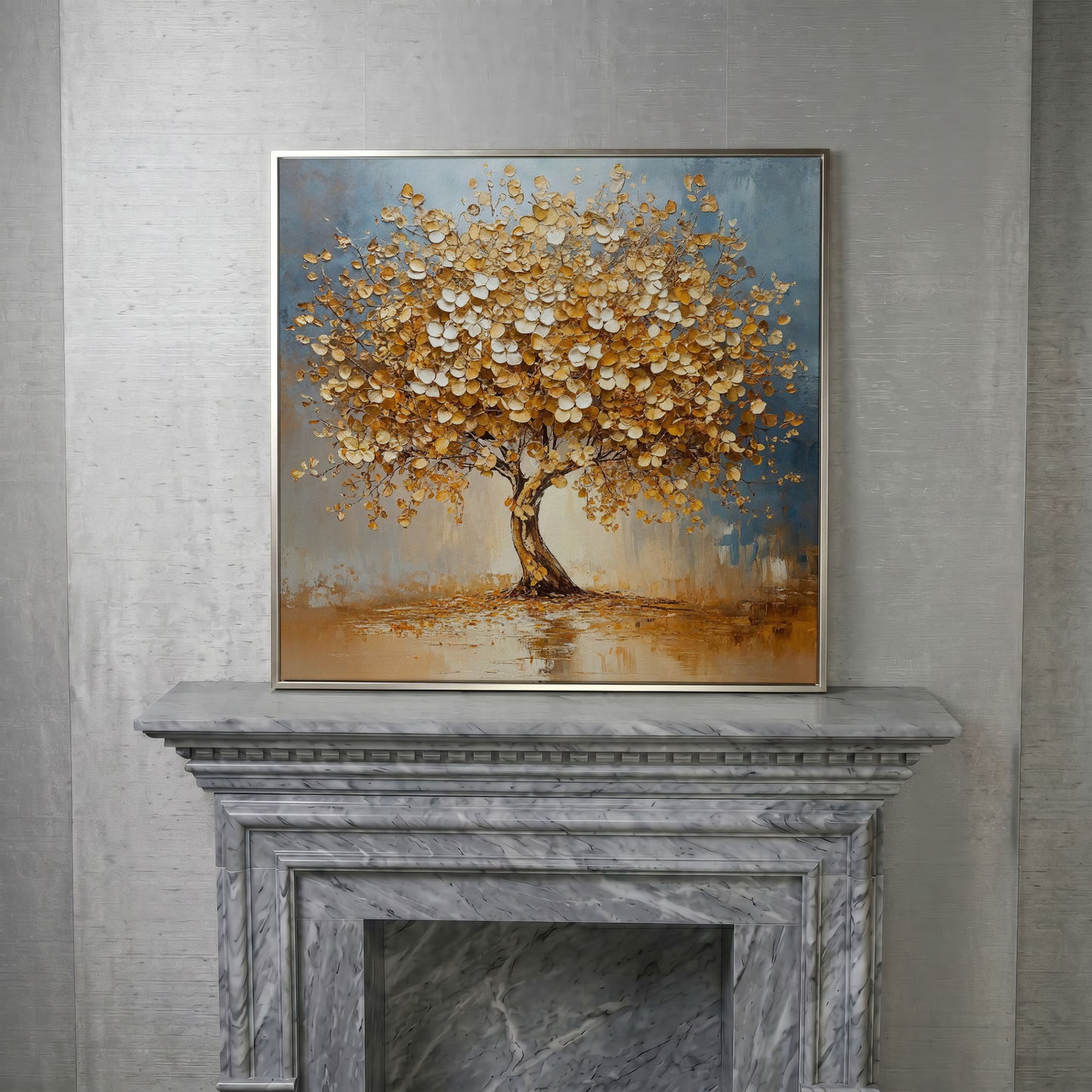 Abstract Tree with White Blossoms Canvas in silver floating frame
