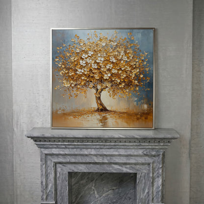 Abstract Tree with White Blossoms Canvas in silver floating frame