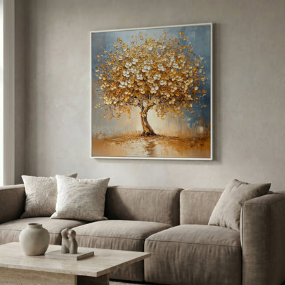 Abstract Tree with White Blossoms Canvas in white floating frame