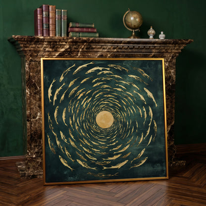 Koi Fish Spiral Canvas in antique gold floating frame