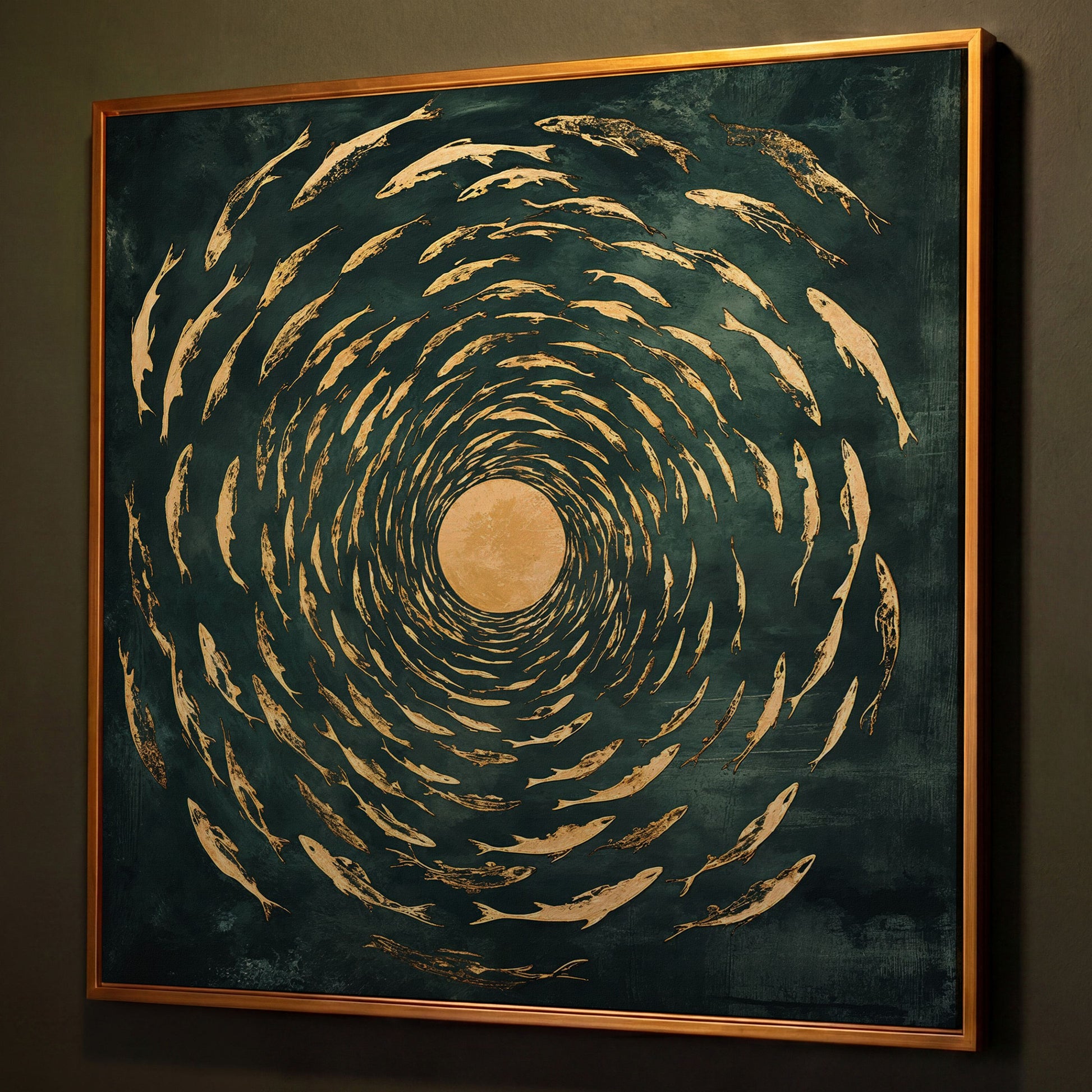 Koi Fish Spiral Canvas shown in antique gold floating frame