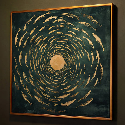 Koi Fish Spiral Canvas shown in antique gold floating frame