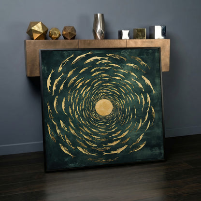 Koi Fish Spiral Canvas in black floating frame