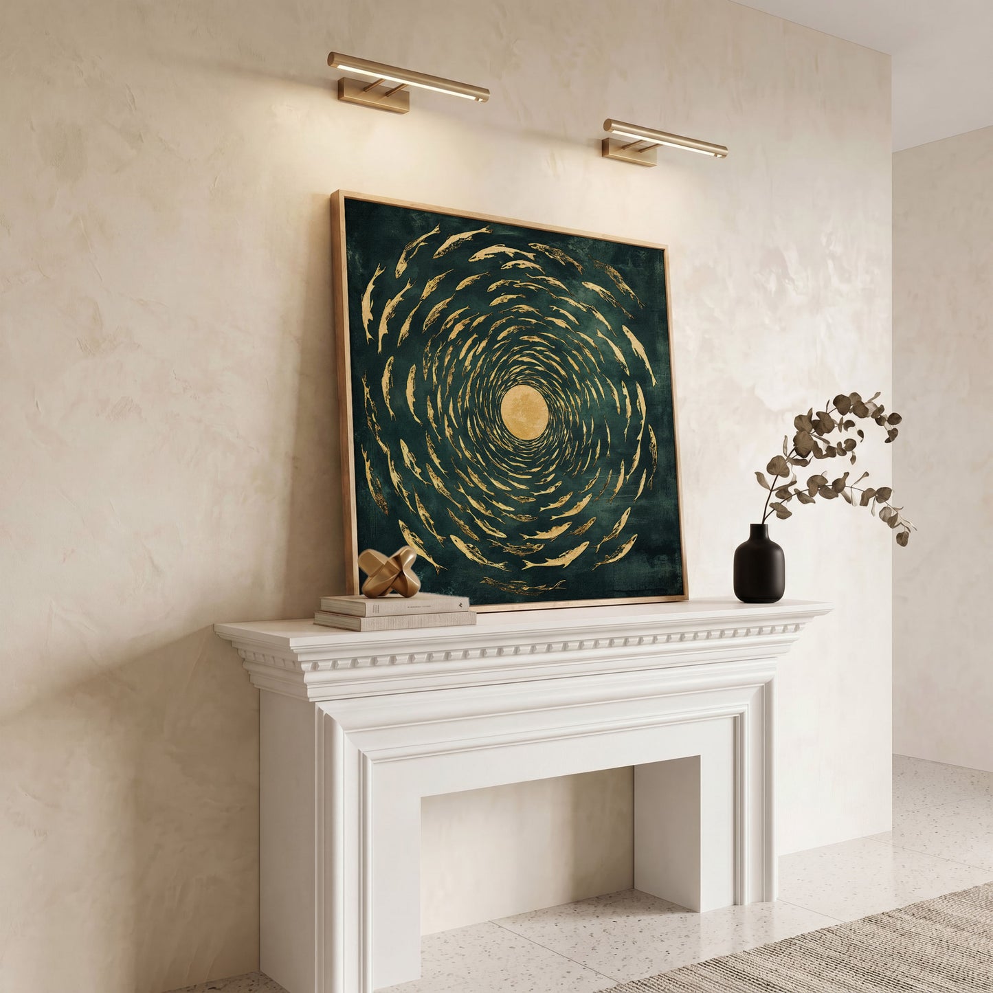 Koi Fish Spiral Canvas in white oak floating frame