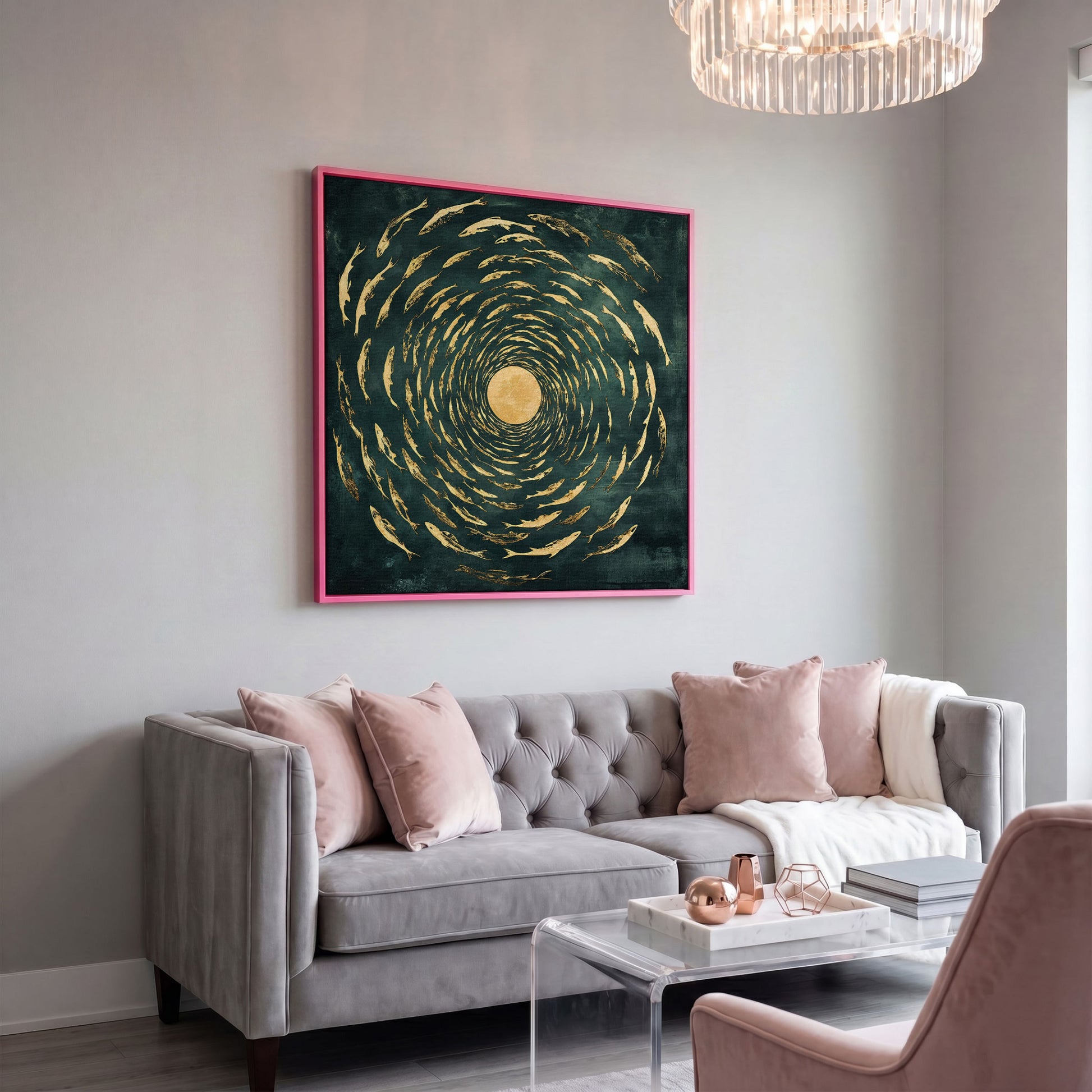 Koi Fish Spiral Canvas in pink floating frame