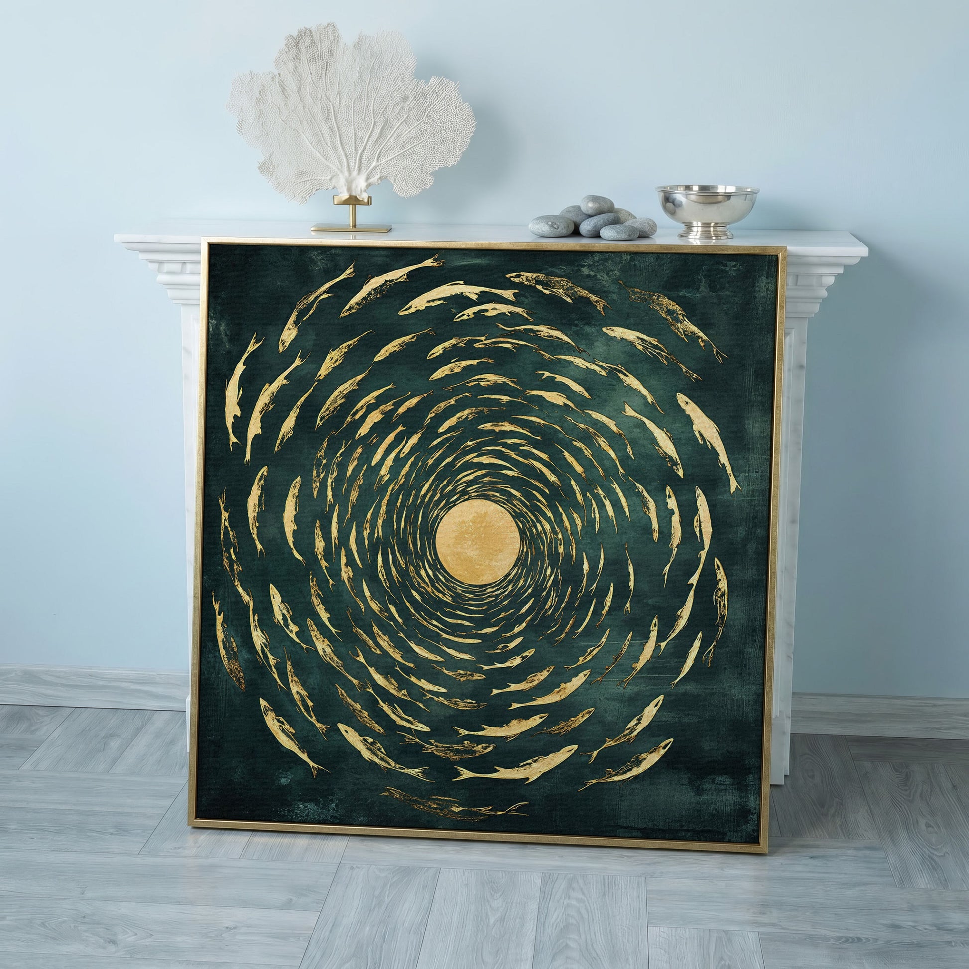 Koi Fish Spiral Canvas in rose gold floating frame