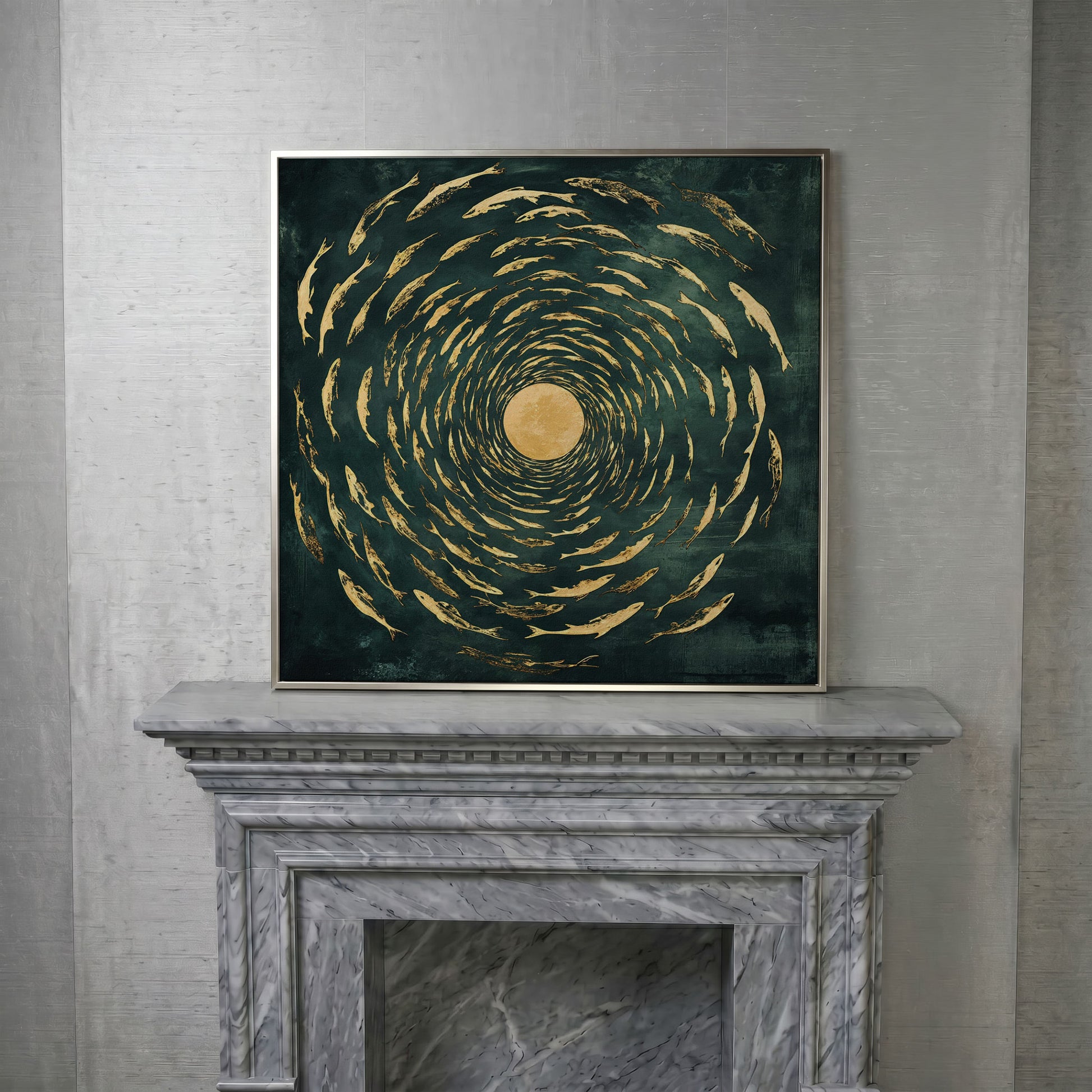 Koi Fish Spiral Canvas in silver floating frame