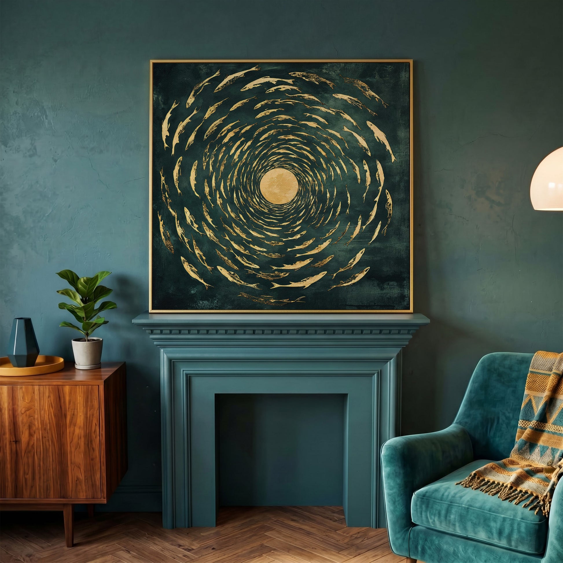Koi Fish Spiral Canvas in yellow gold floating frame