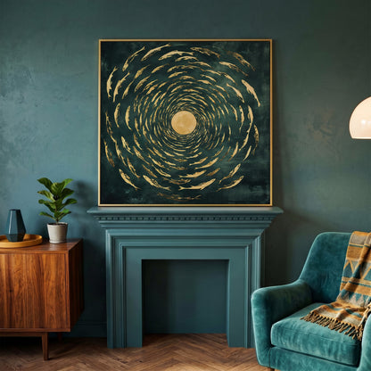 Koi Fish Spiral Canvas in yellow gold floating frame