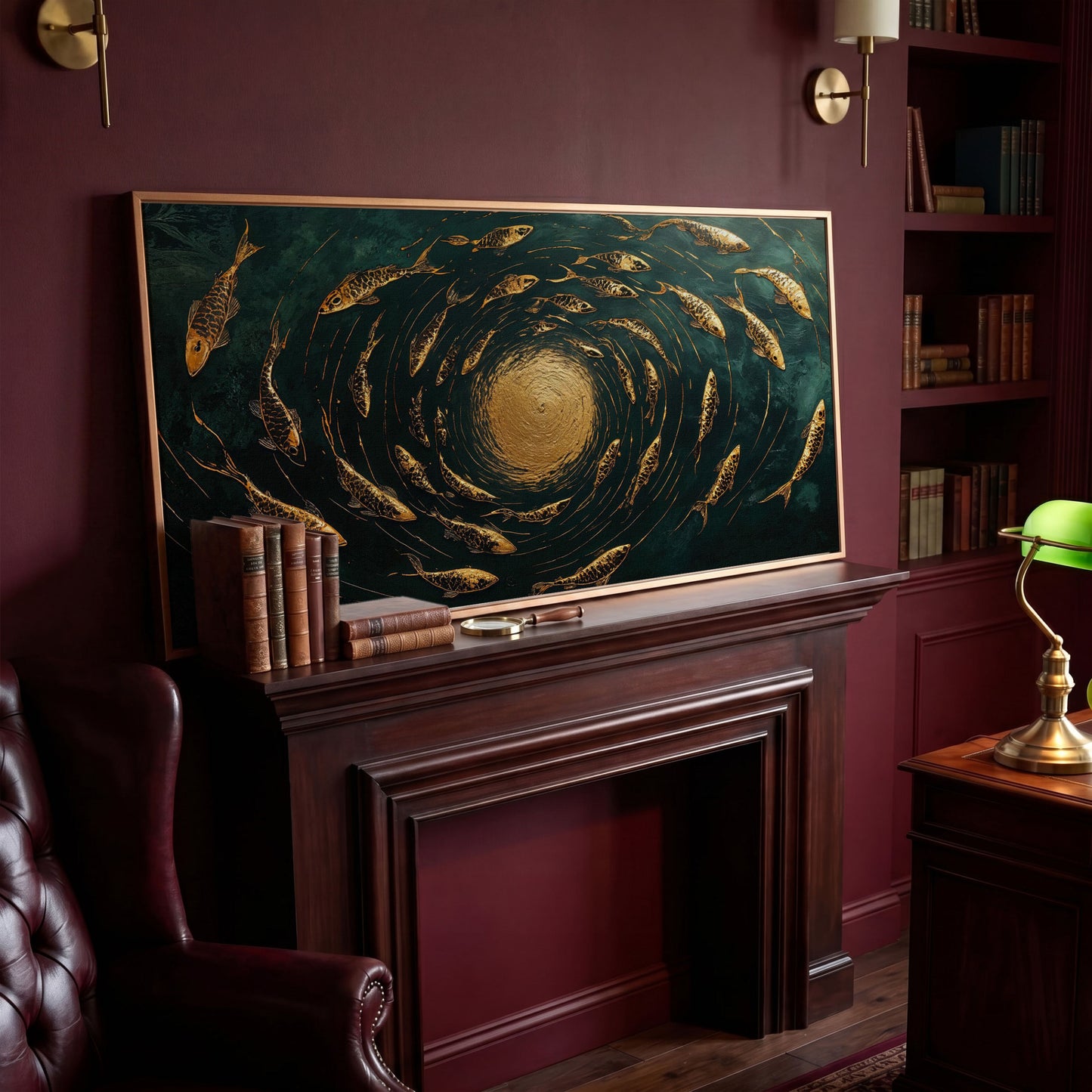Koi Fishes Underwater Canvas Art in antique gold floating frame
