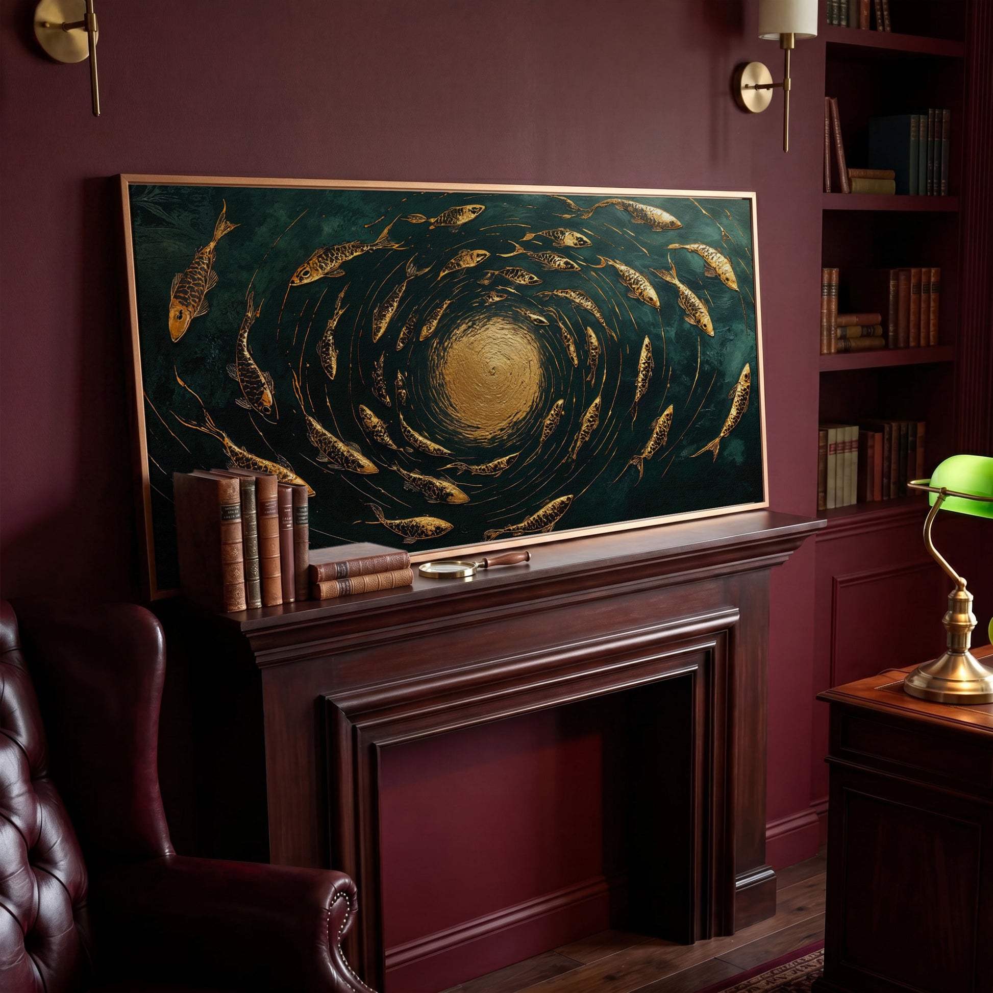 Koi Fishes Underwater Canvas Art in antique gold floating frame