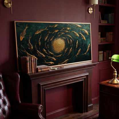 Koi Fishes Underwater Canvas Art in antique gold floating frame