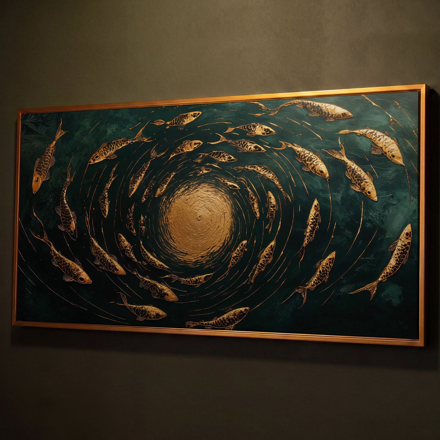 Koi Fishes Underwater Canvas Art shown in antique gold floating frame