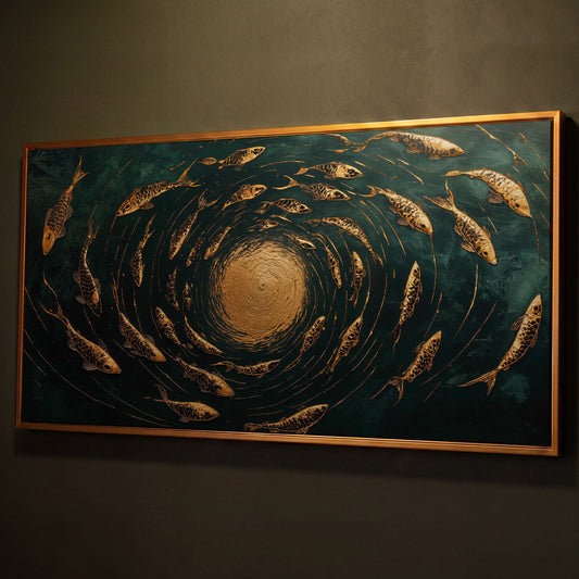 Koi Fishes Underwater Canvas Art shown in antique gold floating frame