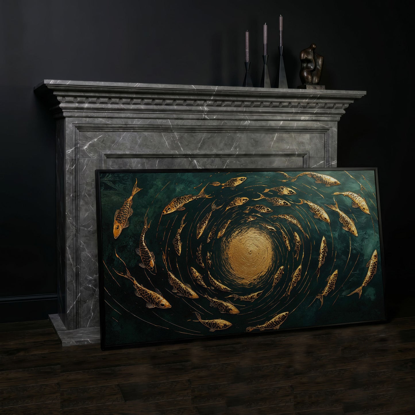 Koi Fishes Underwater Canvas Art in black floating frame