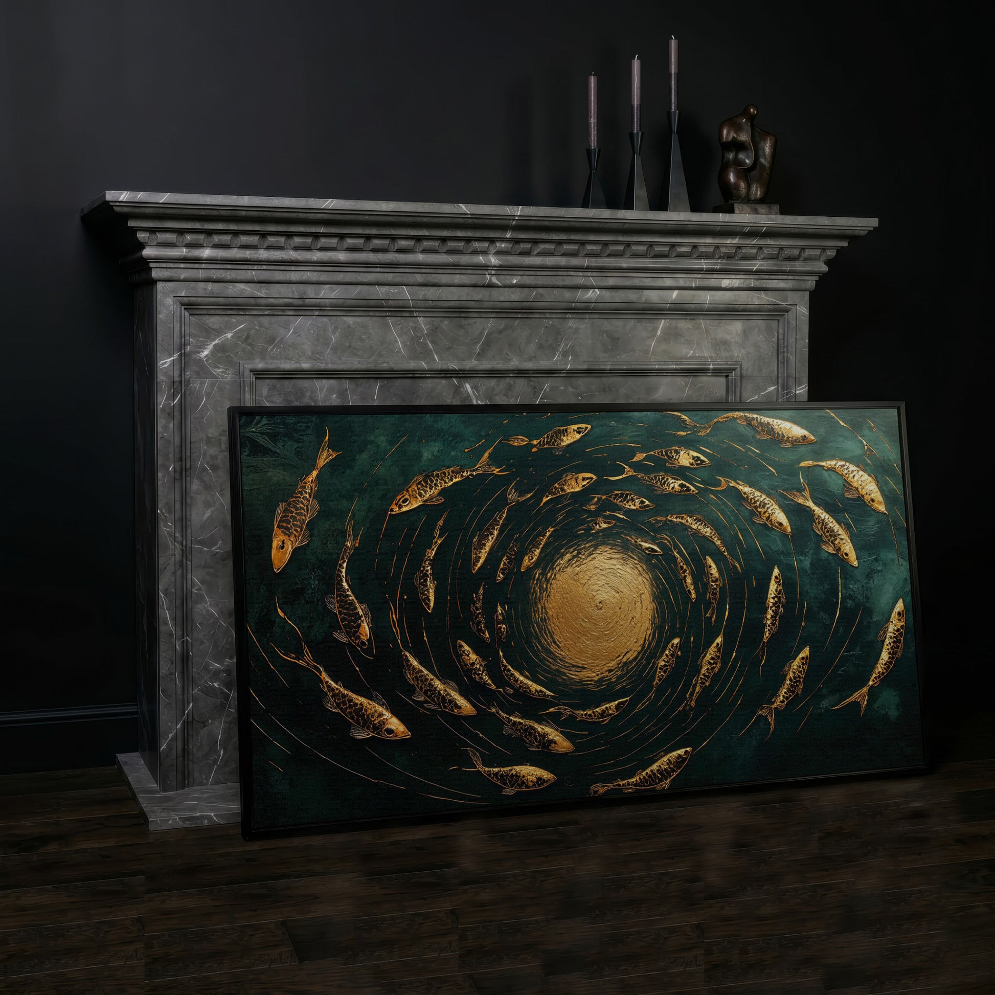 Koi Fishes Underwater Canvas Art in black floating frame